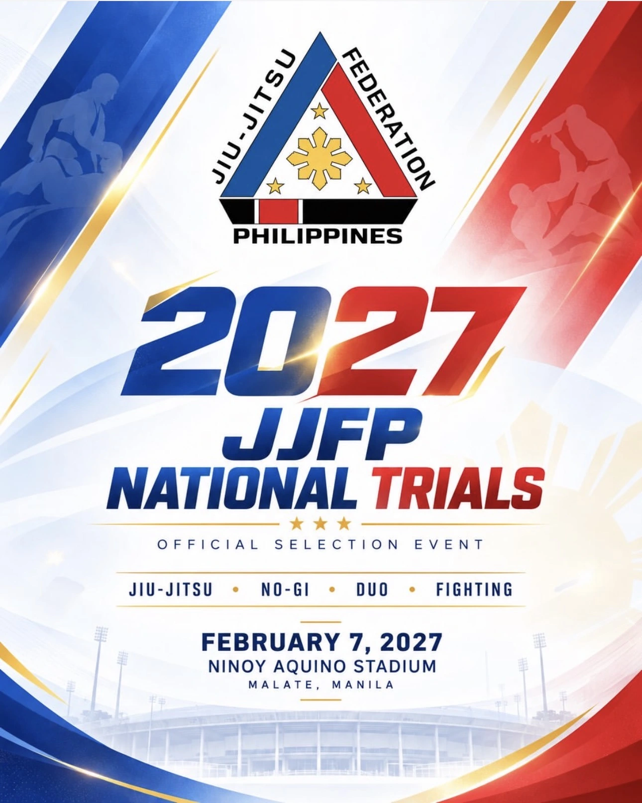 Official JJFP 2027 National Trials poster: February 7 at Ninoy Aquino Stadium, Manila