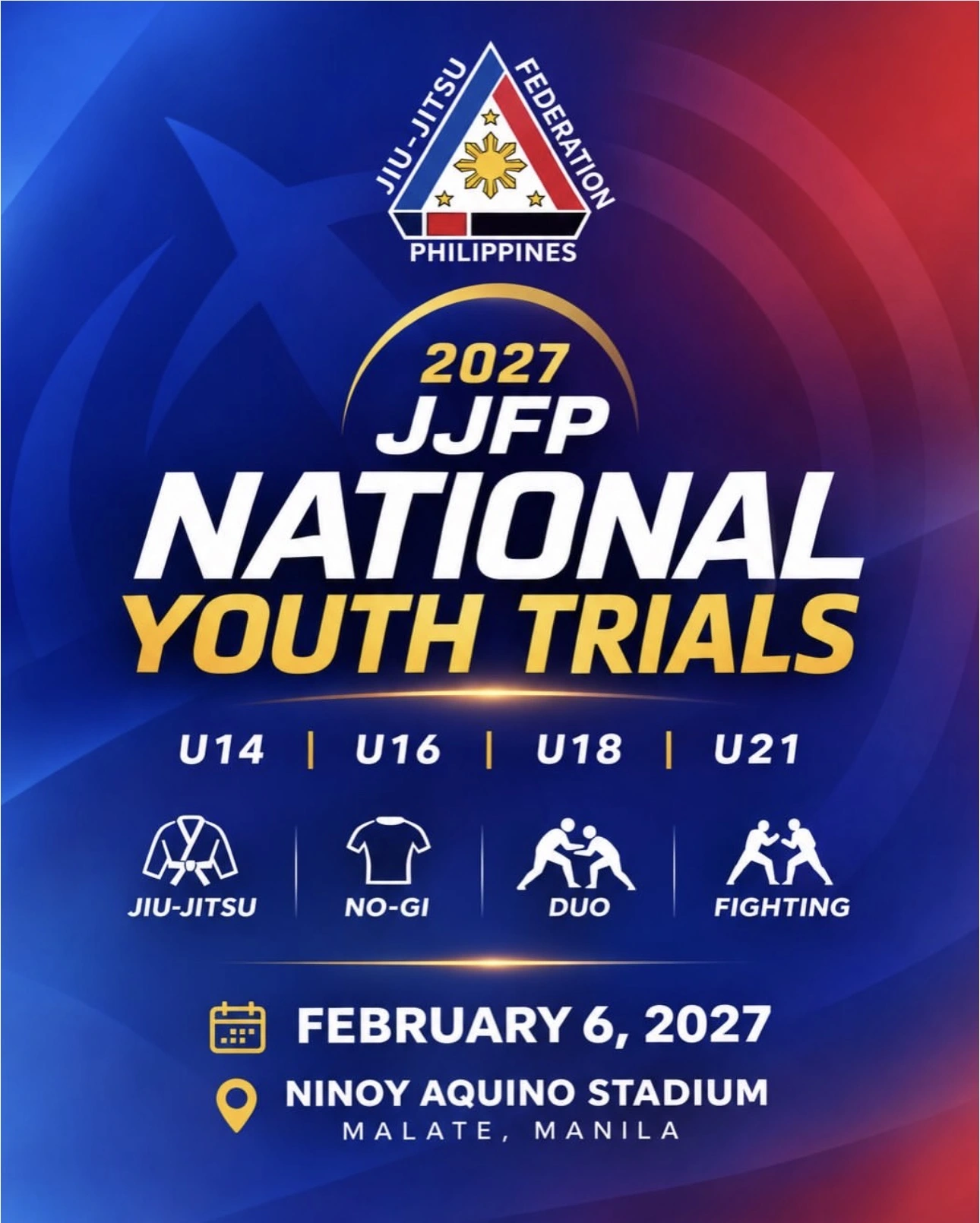 Official JJFP 2027 National Youth Trials poster: February 6 at Ninoy Aquino Stadium, Manila